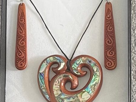 Wood and Paua Heart Set - Bone Necklace & Earrings Online Sale