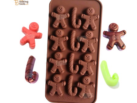 12 Cavity J Shaped Candy Cane and Ginger Bread Man Christmas Mould Silicone Chocolate Mold on Sale