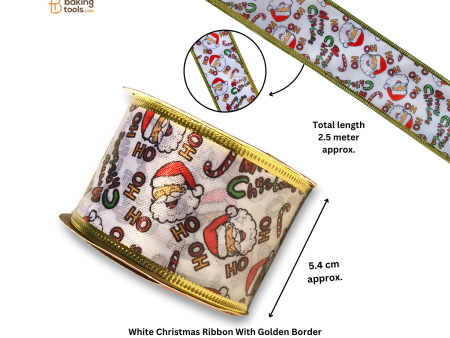 White Christmas Ribbon With Golden Border 2.5 Metres - Big (2 Inch Wide) For Cheap