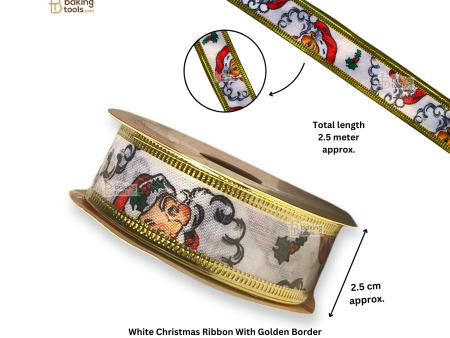 White Christmas Ribbon With Golden Border 2.5 Metres - Small (1 Inch Wide) For Sale